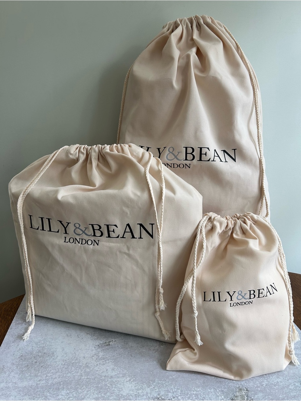 LILY & BEAN LONDON Cream Drawstring Storage & Travel Dust Bags 3 pc Bundle New
